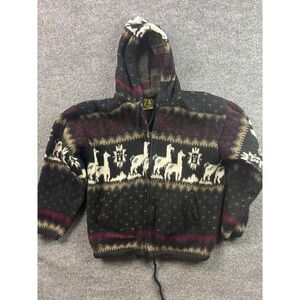 Tejidos Ruminahui Alpaca Hooded Sweater Mens S Black Burgundy Zip Up Ecuador